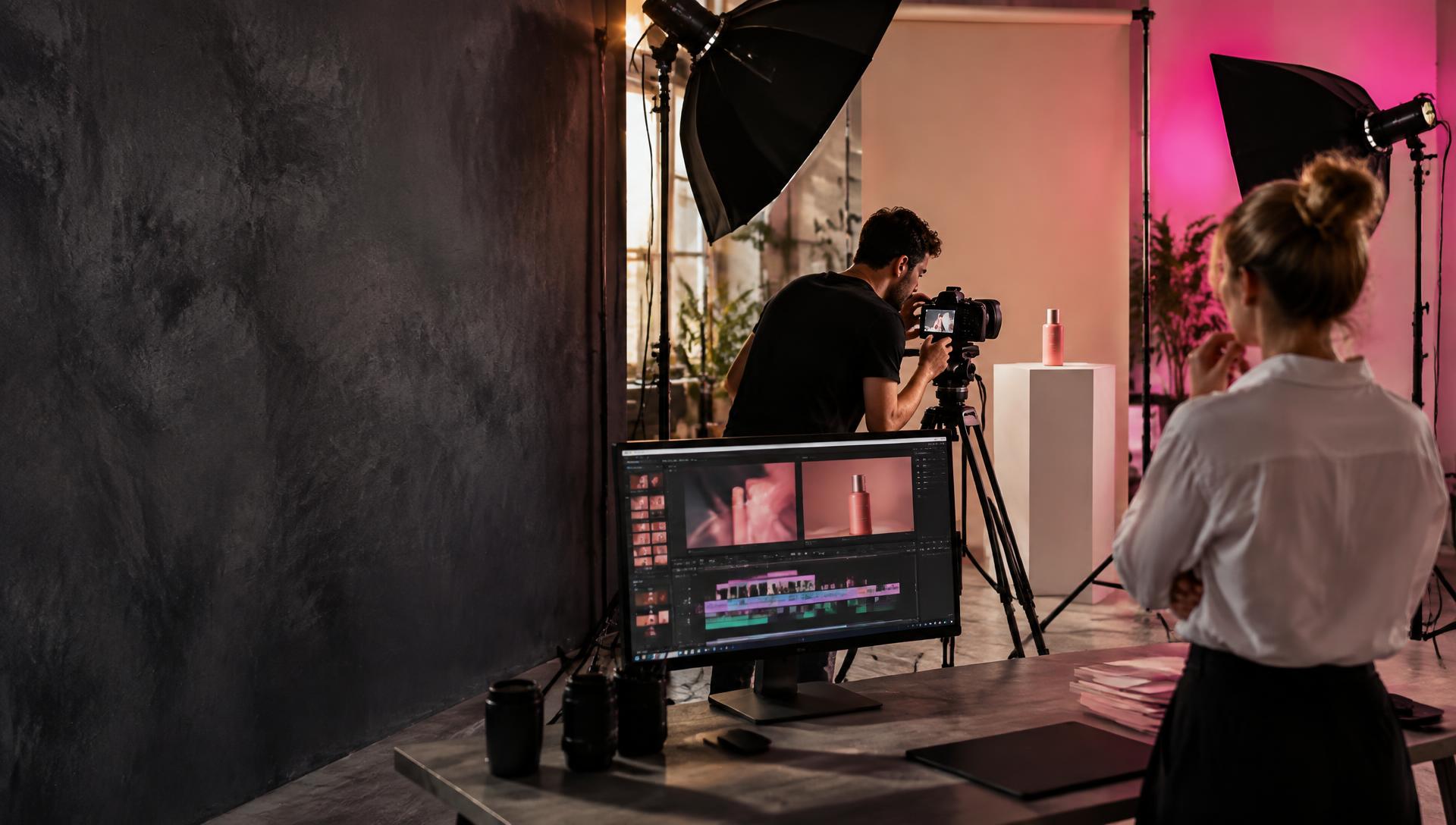 Scena creativa di produzione fotografica e video in studio